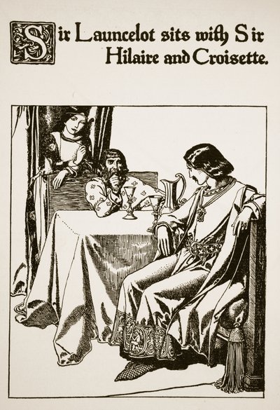 Sir Launcelot sedí se sirem Hilairem a Croisette, ilustrace z knihy "Příběh mistrů kulatého stolu". od Howard Pyle