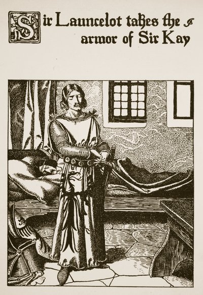 Sir Launcelot si bere brnění Sira Kaye, ilustrace z „Příběhu šampionů kulatého stolu“ od Howard Pyle