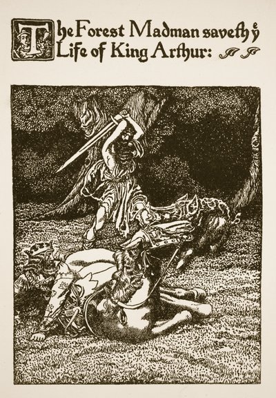Lesní blázen zachránil život krále Artuše, ilustrace z "Příběhu sira Launcelota a jeho společníků". od Howard Pyle