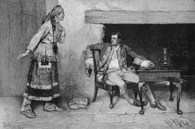 Odžibvejská panna odhalující Pontiacův spiknutí, vyrytá Johnem Tinkeyem (fl.1871-1901) ilustrace z 