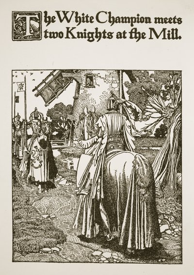 Bílý šampion se setkává se dvěma rytíři ve mlýně, ilustrace z „Příběhu krále Artuše a jeho rytířů“, 1903 od Howard Pyle