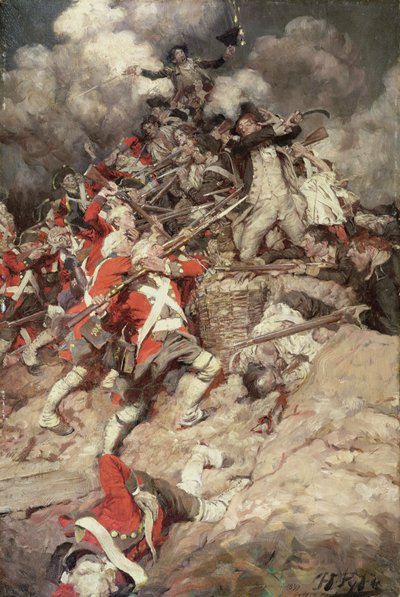 Vyškrábali se po parapetu a přešli přes vrchol, Pell Mell, Upon the British, nebo The Battle of Yorktown, z „Janice Meredith“ od Paula Leicestera Forda (1865-1902), vydaného v roce 1899 (olej na plátně) od Howard Pyle