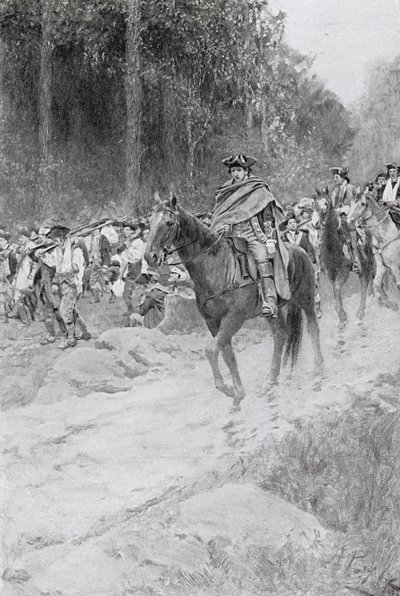 Washingtonův ústup z Great Meadows, ilustrace z knihy "Colonel Washington" od Woodrowa Wilsona, publikované v Harper