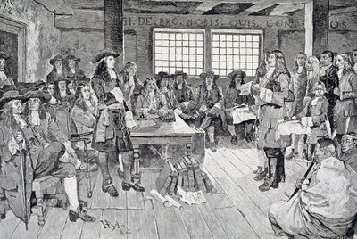 William Penn na konferenci s kolonisty, ilustrace z hospody „První návštěva Williama Penna v Americe“. v Harper