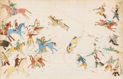 Bitva mezi kmeny Crow a Cheyenne, 1874-75 (pero, inkoust a wc na účetním papíře) od Howling Wolf