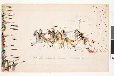 At the Sand Creek Massacre, 1874-75 (pero, inkoust a wc na účetním papíře) od Howling Wolf