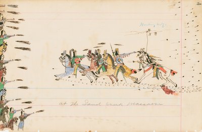 At the Sand Creek Massacre, 1874-75 (pero, tuš a čb na hlavičkovém papíře) od Howling Wolf