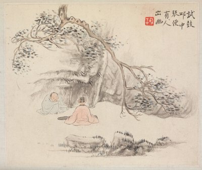 Album krajinných maleb ilustrujících staré básně: Dvě postavy venku..., 1700. od Hua Yan