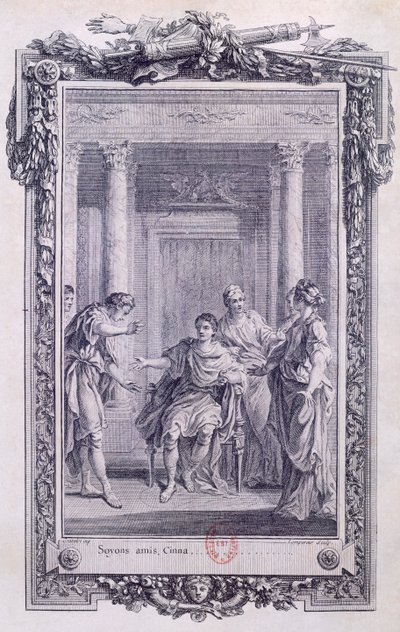 Cinna aneb The Clemency of Augustus, tragédie od Pierra Corneille (1606-1684), rytina od Gravelota (1699-1773) od Hubert Francois Gravelot