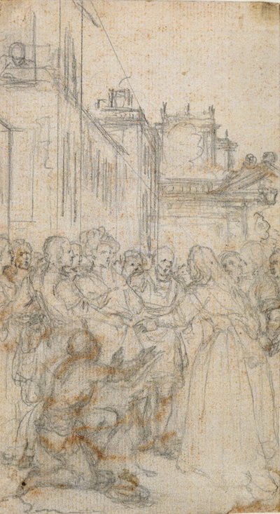 Literární ilustrace se skupinou postav prosí muže od Hubert Francois Gravelot