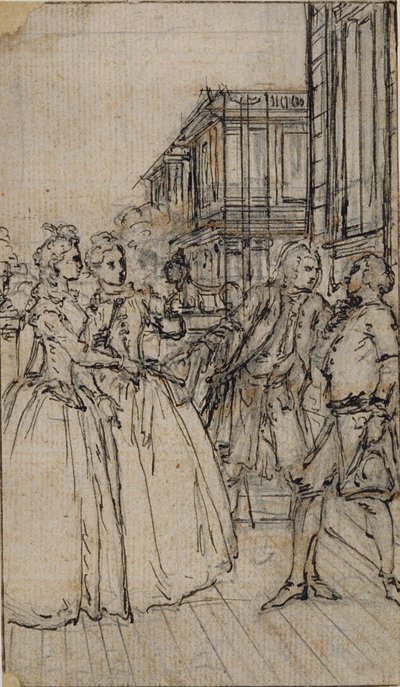 Literární ilustrace se dvěma dámami a dvěma pány v ulici od Hubert Francois Gravelot