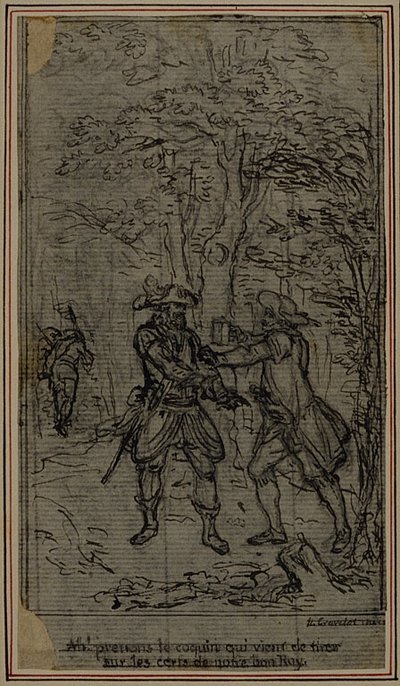 Studie k vinětě - titulní list Colleho hry "La Partie de Chasse de Henri IV", II. dějství od Hubert Francois Gravelot