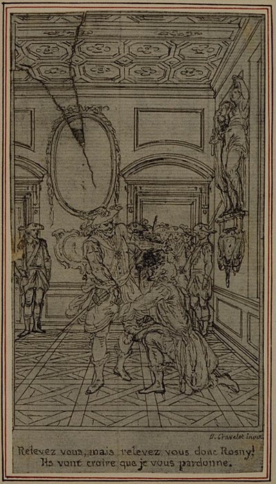 Studie k vinětě - titulní list Colleho hry "La Partie de Chasse de Henri IV", 1. dějství od Hubert Francois Gravelot