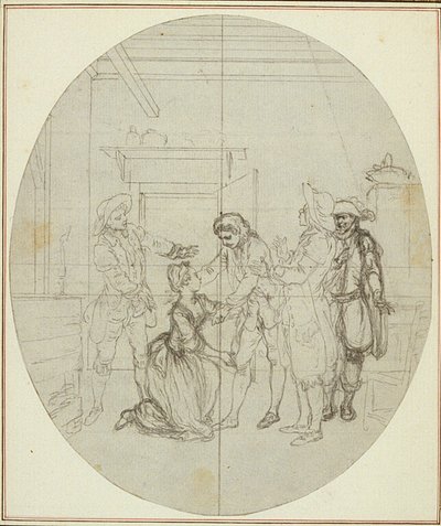 Studie k druhému vydání Colleho hry "La Partie de Chasse de Henri IV", Act III, Scene 11, která nebyla nikdy publikována. od Hubert Francois Gravelot