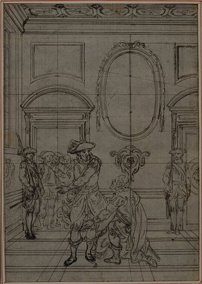 Studie k druhému, nikdy nepublikovanému vydání Colleho hry "La Partie de Chasse de Henri IV", Act I, Scene 6. od Hubert Francois Gravelot