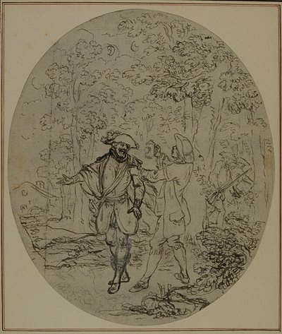 Studie k druhému vydání Colleho hry "La Partie de Chasse de Henri IV", Act II, Scene 11, která nebyla nikdy publikována. od Hubert Francois Gravelot