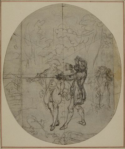 Studie k druhému vydání Colleho hry "La Partie de Chasse de Henri IV", Act II, Scene 11, která nebyla nikdy publikována. od Hubert Francois Gravelot