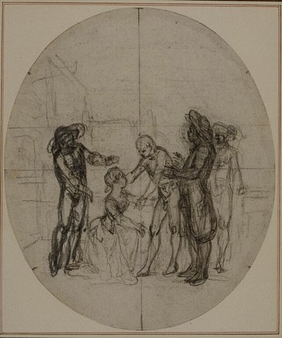 Studie k druhému vydání Colleho hry "La Partie de Chasse de Henri IV", Act III, Scene 11, která nebyla nikdy publikována. od Hubert Francois Gravelot