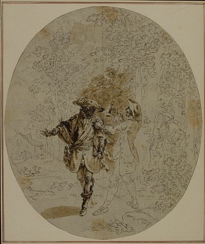 Studie k druhému vydání Colleho hry "La Partie de Chasse de Henri IV", Act II, Scene 11, která nebyla nikdy publikována. od Hubert Francois Gravelot