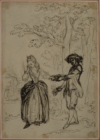 Studie k druhému vydání Colleho hry "La Partie de Chasse de Henri IV", Act II, Scene 3, která nebyla nikdy publikována. od Hubert Francois Gravelot