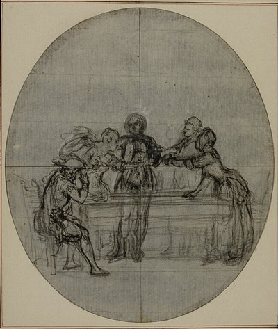 Studie k druhému vydání Colleho hry "La Partie de Chasse de Henri IV", Act III, Scene 10, která nebyla nikdy publikována. od Hubert Francois Gravelot