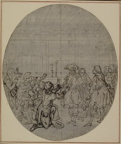 Studie k druhému, nikdy nepublikovanému vydání Colleho hry "La Partie de Chasse de Henri IV", Act III, Scene 13. od Hubert Francois Gravelot