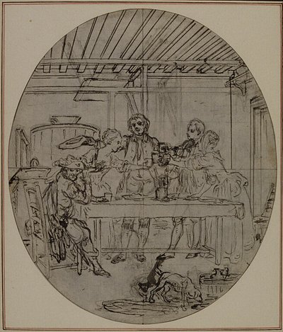 Studie k druhému vydání Colleho hry "La Partie de Chasse de Henri IV", Act III, Scene 10, která nebyla nikdy publikována. od Hubert Francois Gravelot