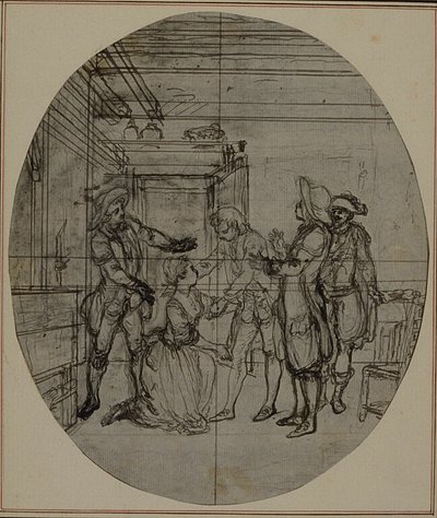 Studie k druhému vydání Colleho hry "La Partie de Chasse de Henri IV", Act III, Scene 11, která nebyla nikdy publikována. od Hubert Francois Gravelot