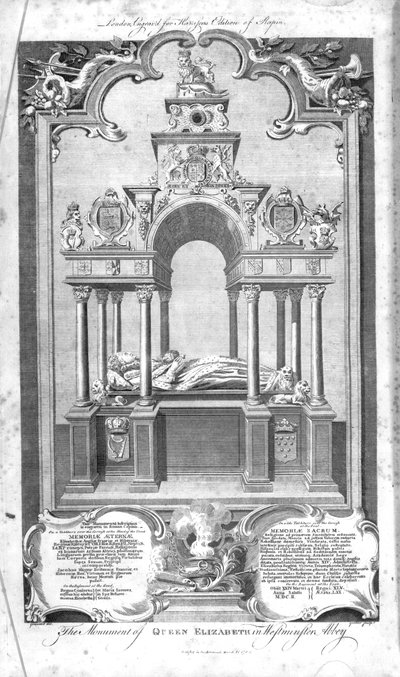 Pomník královny Alžběty ve Westminsterském opatství, ilustrace z Rapinových "Dějin Anglie", vyryl John Goldar, 1786. od Hubert Francois Gravelot