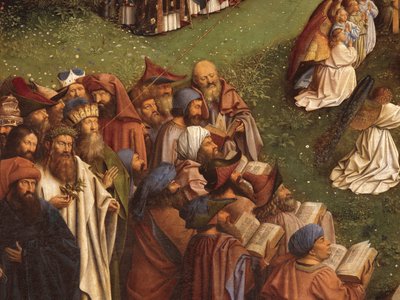 Detail Adoration of the Mystic Lamb, ze středového panelu gentského oltáře (olej na panelu) od Hubert & Jan van (1390 1441) Eyck