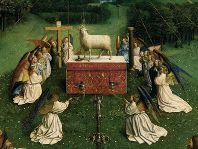 Klanění mystického beránka, z Gentského oltáře, detail spodní poloviny centrálního panelu od Hubert & Jan van (1390 1441) Eyck