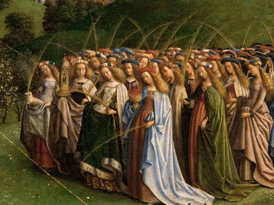 Klanění mystického beránka, z Gentského oltáře, detail spodní poloviny centrálního panelu od Hubert & Jan van (1390 1441) Eyck