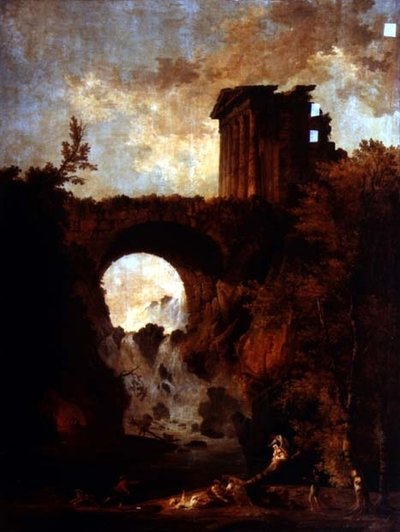 Capriccio zříceného chrámu u mostu přes kaskádu s houpačkou od Hubert Robert