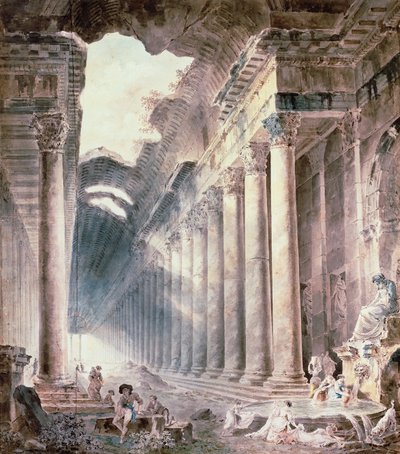 Kolonádová termální budova, střecha částečně otevřená k nebi, s dívkami perou prádlo (akvarel, tužka, inkoust) od Hubert Robert
