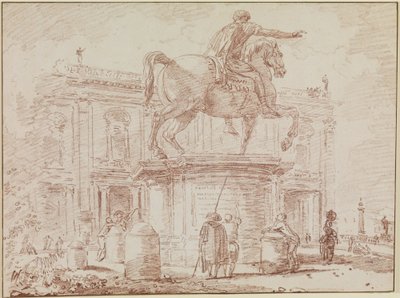 Jezdecká socha Marka Aurelia a Palác konzervátorů v Římě od Hubert Robert