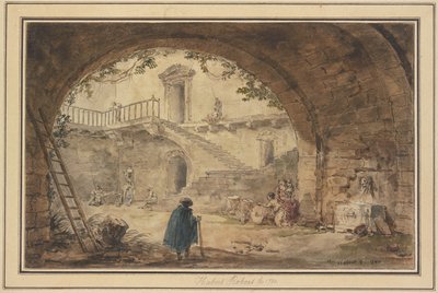 Klenba se starověkou fontánou a výhledem na schodiště od Hubert Robert