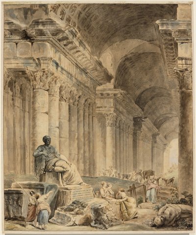 Klenutá sloupová galerie se starověkou sedící sochou od Hubert Robert