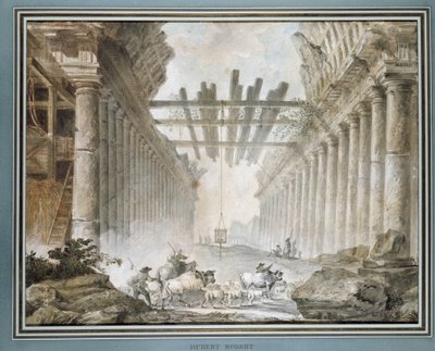 Stádo v troskách chrámu kreslení (olej na plátně) od Hubert Robert