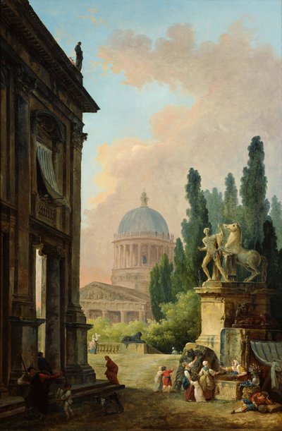 Imaginární pohled na Řím s krotitelem koní z Monte Cavallo od Hubert Robert