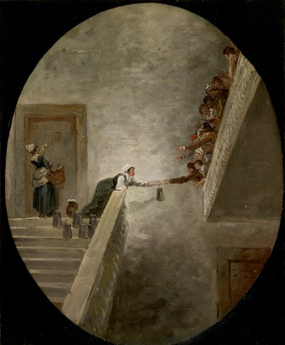 La distribution du lait a la vězení Saint Lazare - Distribuce mléka ve věznici Saint-Lazare od Roberta, Huberta (1733-1808), cca 1794 - Olej na papíře, 36,8x30,2 - Soukromá sbírka od Hubert Robert