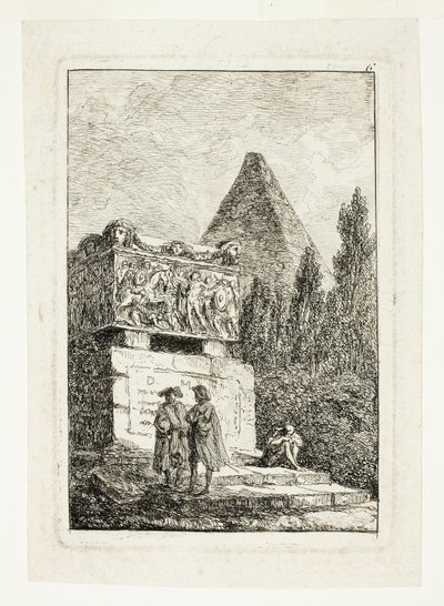Krajina s pyramidou a sarkofágem, šestá deska z knihy Les Soirées de Rome od Hubert Robert