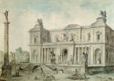 Le Musée des Antiques, cca 1800 (křída, pero a inkoust a wc na papíře) od Hubert Robert