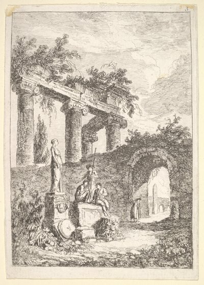 Talíř 3: Socha před ruinami: socha vlevo vedle tří postav na p..., ca. 1763-64. od Hubert Robert