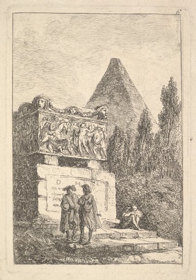 Talíř 6: Sarkofág: dva muži konverzující doleva, další muž sedí a spí..., ca. 1763-64. od Hubert Robert