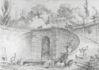 Velké schodiště, 1761-1765 (pero a černý inkoust, štětec a šedá barva a akvarel přes černou křídovou podkresbu na špinavě bílý papír, vodoznak) od Hubert Robert