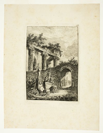 Socha před ruinami, třetí deska z knihy Les Soirées de Rome od Hubert Robert