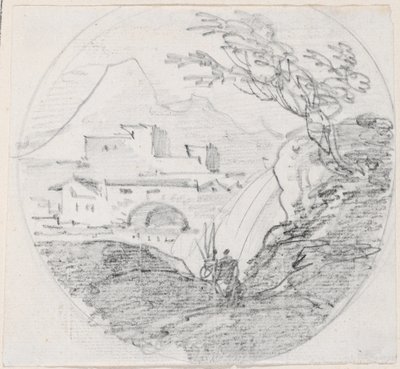 Pohled z hřebene na vesnici a vzdálené hory od Hubert Robert