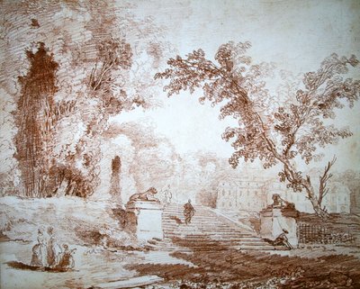 Pohled do zahrady s terasou (červená křída na papíře) od Hubert Robert