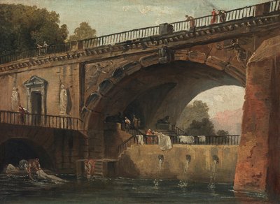 Pradleny pod obloukem mostu od Hubert Robert