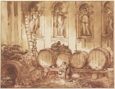 Sklad vína v sále s nikami a čtyřmi sochami antických božstev od Hubert Robert